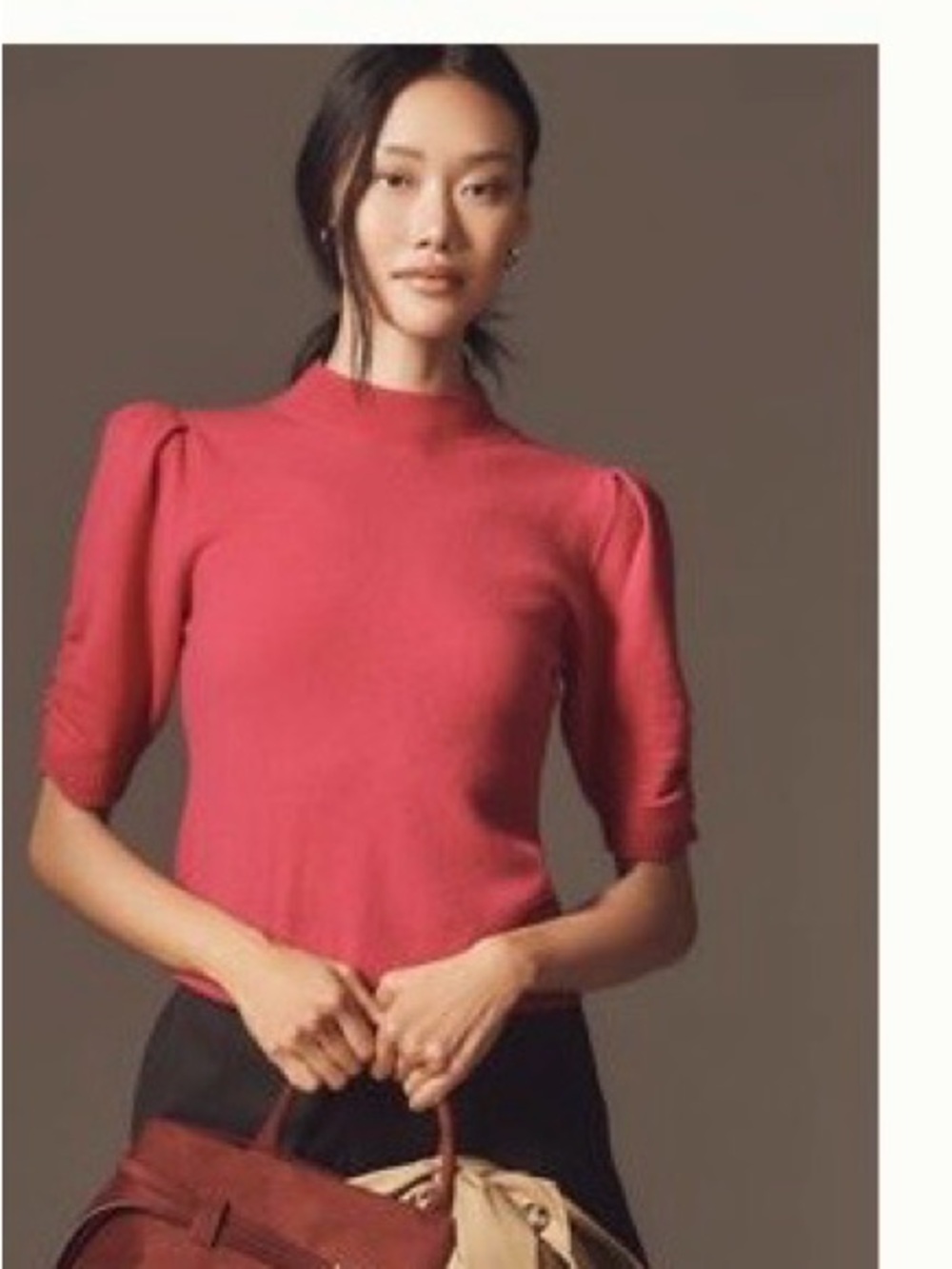 Women's Puff Sleeve Mock Neck wool cashmere Top - Pink